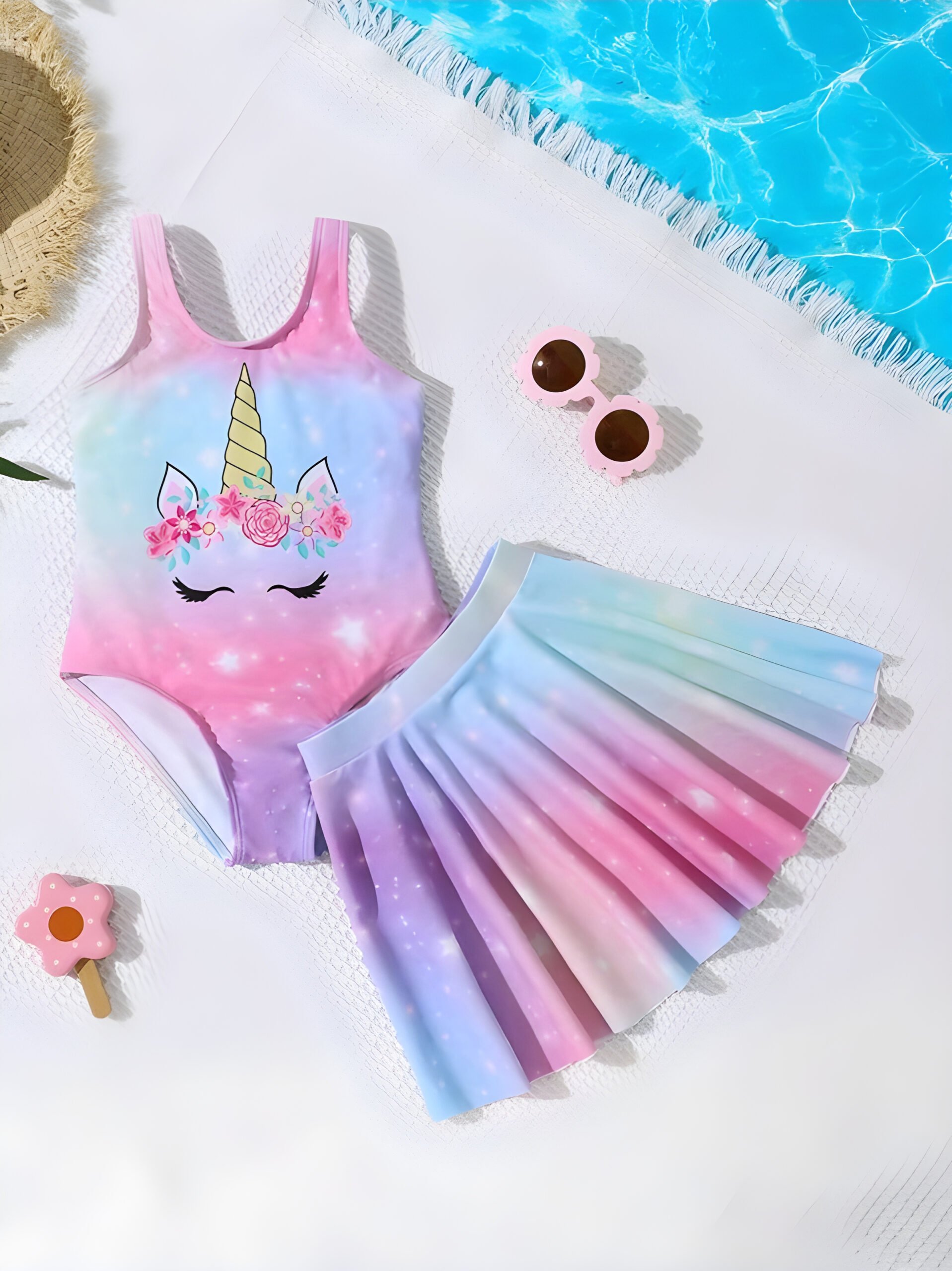 691e9002-a3ab-4c22-a1b8-a13a1ae125d9 Young Girl Unicorn Print 3-Piece Swimsuit Set: One-Piece Swimsuit + Cover Up Skirt, Kids, KSW-0013