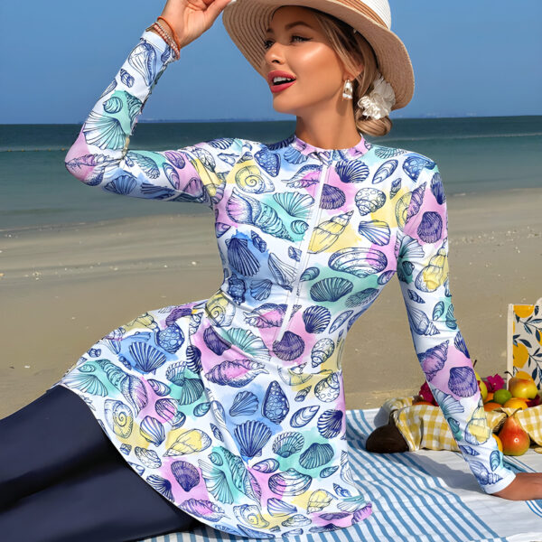 Swim Shayni 2 Pieces Women Set Tropical Shell Print Long Sleeve Mock Neck Top & Pants, WSW-007
