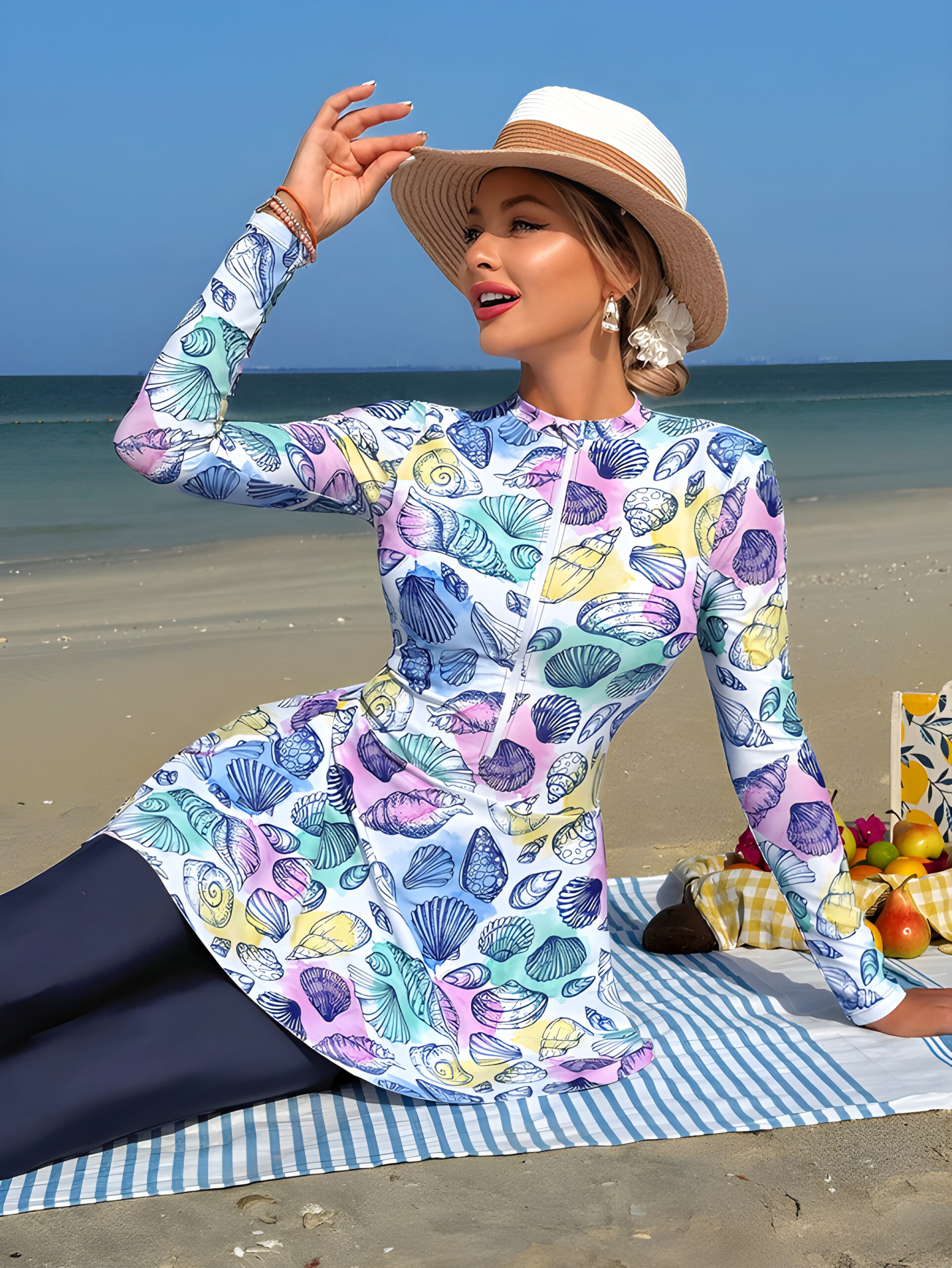 6fa34a31-b637-4b3d-a172-e26ea03c038d Swim Shayni 2 Pieces Women Set Tropical Shell Print Long Sleeve Mock Neck Top & Pants, WSW-007