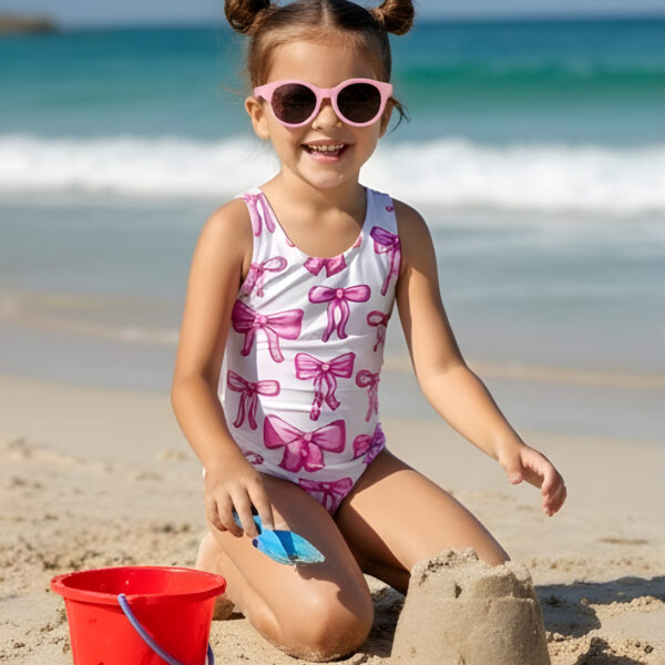 Girls One Piece Swimsuit Quick Dry Pink Bow Print, KSW-0023