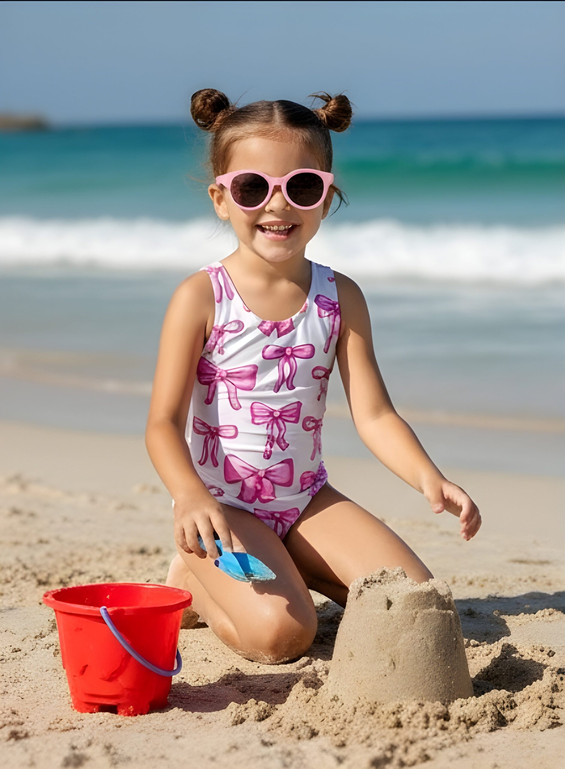 Girls One Piece Swimsuit Quick Dry Pink Bow Print, KSW-0023