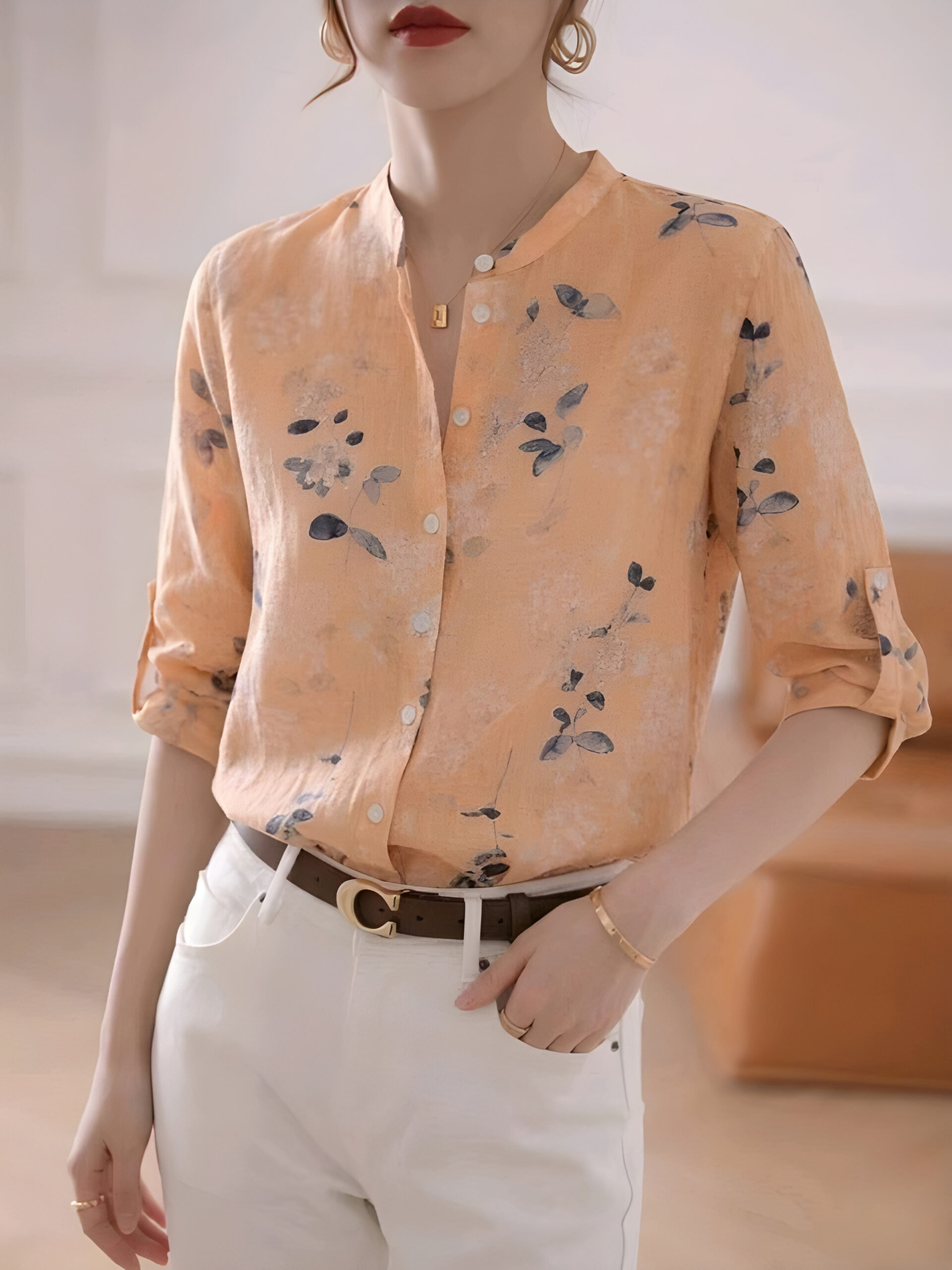 Floral Stand Collar 3/4 Sleeve Blouse, Summer, WTP-003