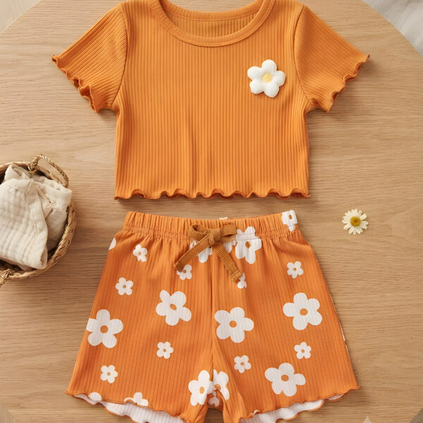 Kids 2pcs Baby Girl Knitted Striped Round Neck T-Shirt And Shorts Set, KTP-002
