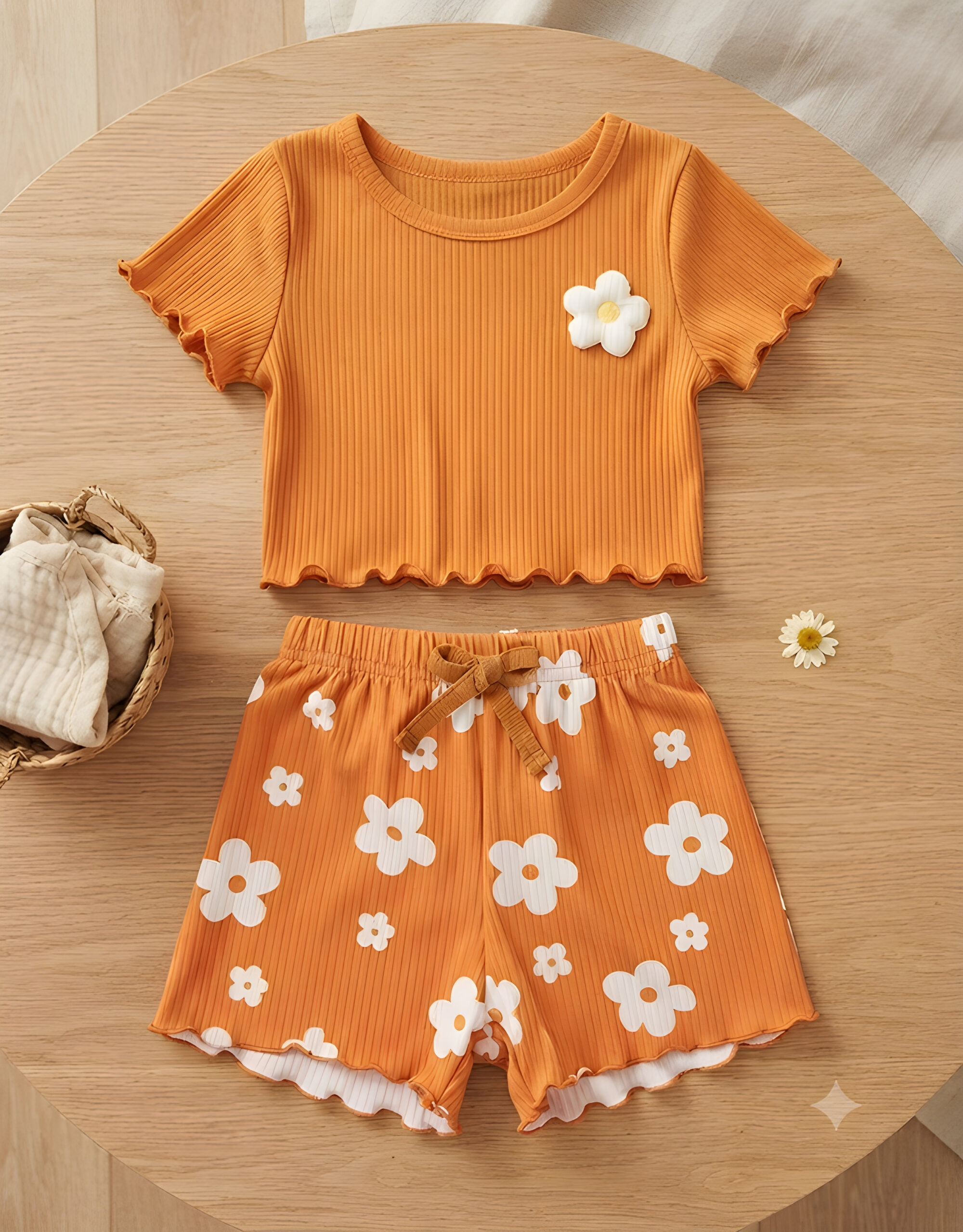 Kids 2pcs Baby Girl Knitted Striped Round Neck T-Shirt And Shorts Set, KTP-002