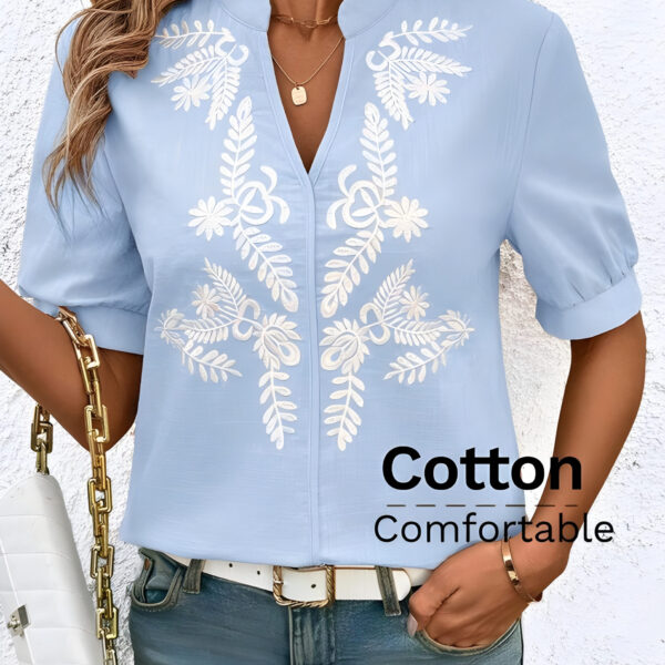 Blue And Whit Neck Short Sleeve Blouse, Summer, WTP-002