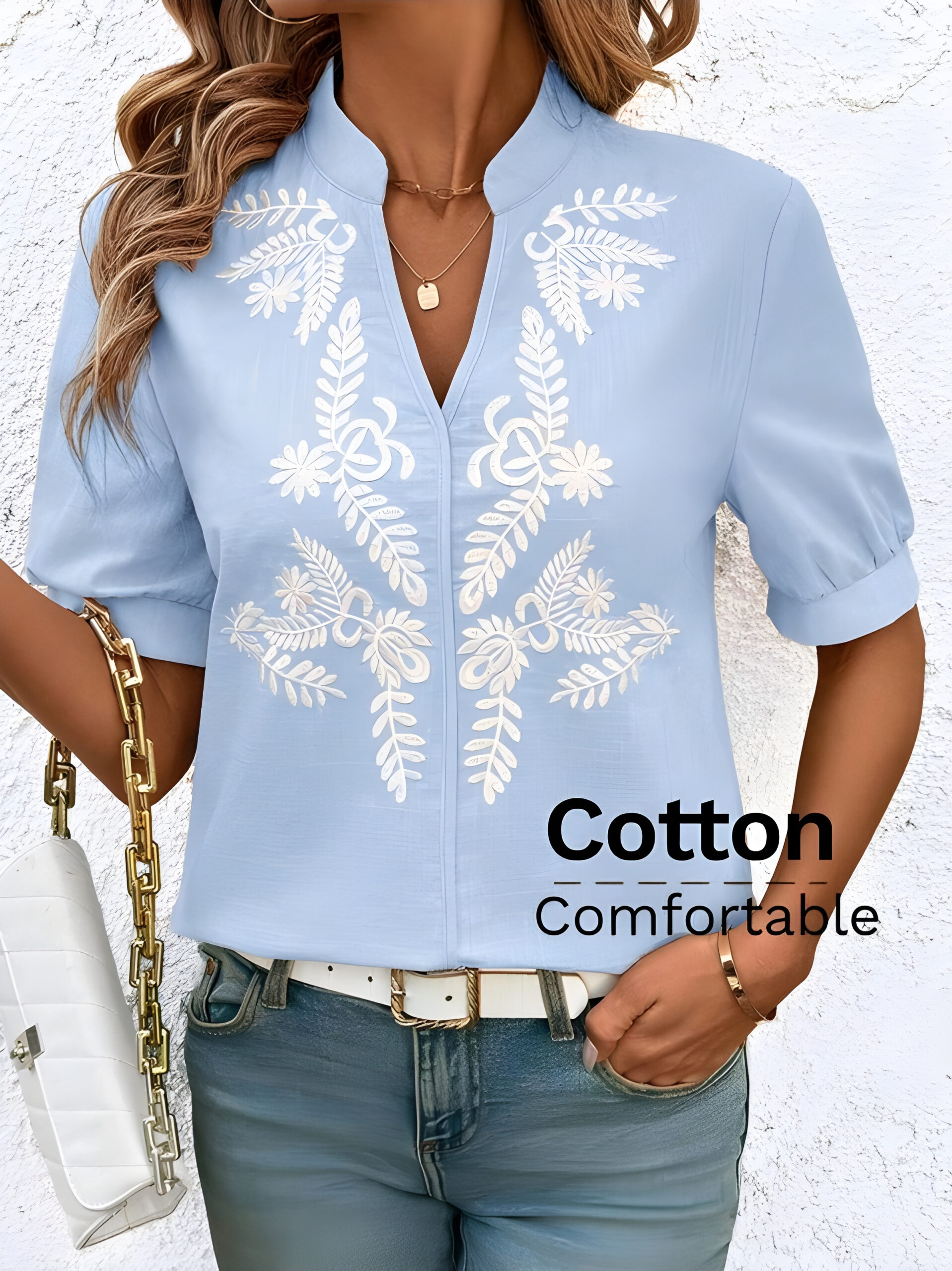 Blue And Whit Neck Short Sleeve Blouse, Summer, WTP-002