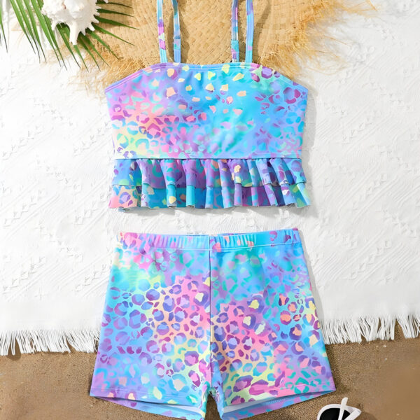 2pcs Tween Girl Blue Cute Neon Leopard Print Ruffles Camisole Bikini Set, Kids, KSW-004