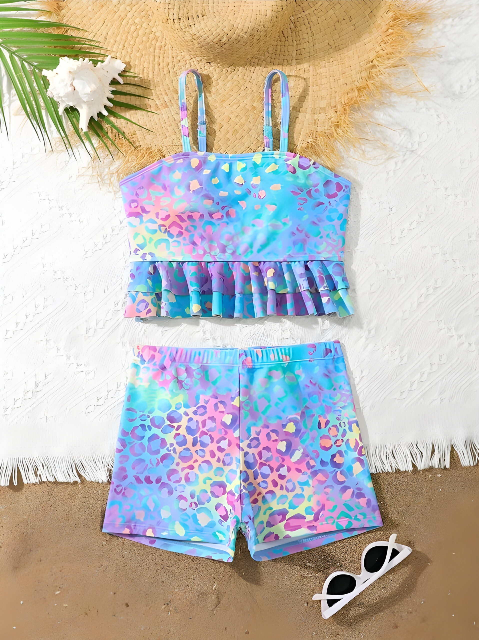 2pcs Tween Girl Blue Cute Neon Leopard Print Ruffles Camisole Bikini Set, Kids, KSW-004