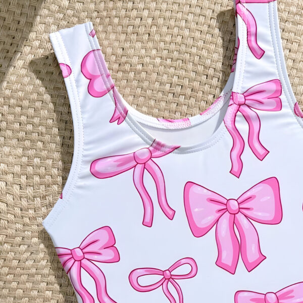 Girls One Piece Swimsuit Quick Dry Pink Bow Print, KSW-0023