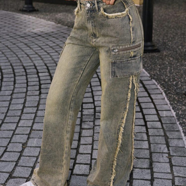Pockets Patched Fringe Wide Leg Loose Casual Versatile Jeans, WJN-005