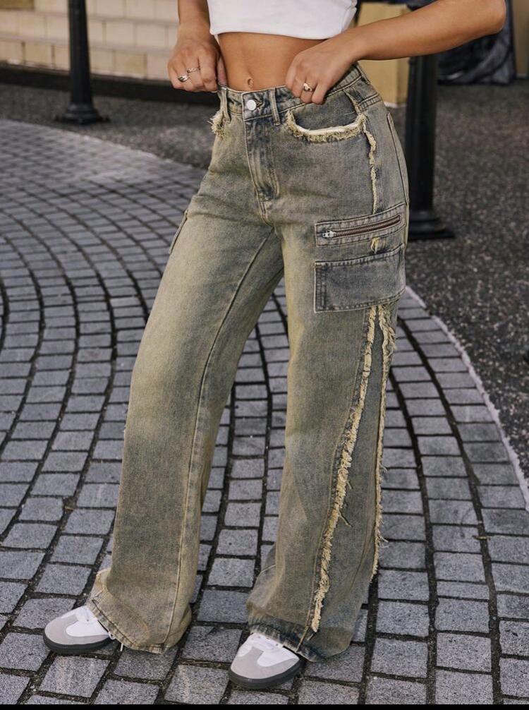 Pockets Patched Fringe Wide Leg Loose Casual Versatile Jeans, WJN-005