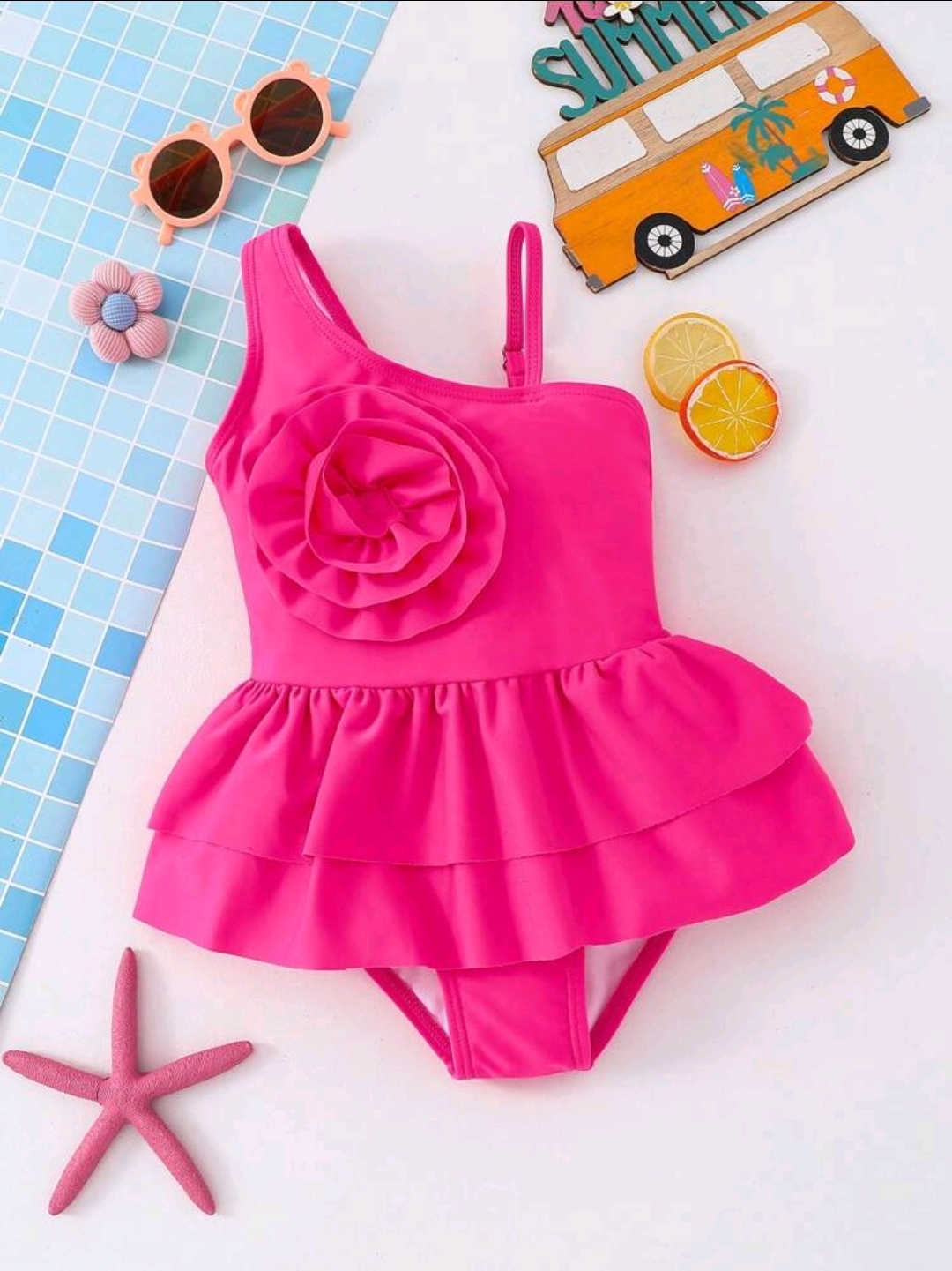 Young Girl Solid Color 3D Flower One-Piece Swimsuit, Kids, KSW-001