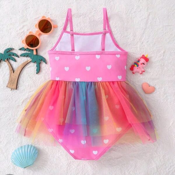 Kids Rainbow Pattern Patchwork Net Yarn One-Piece Swimsuit For Young Girls, Kids, KSW-002