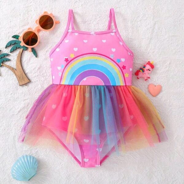 Kids Rainbow Pattern Patchwork Net Yarn One-Piece Swimsuit For Young Girls, Kids, KSW-002