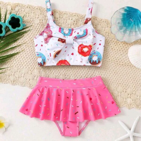 Kids 2pcs/Set Toddler Young Girl Donut Print Bow Decor Tankini Swimwear, Kids, KSW-003