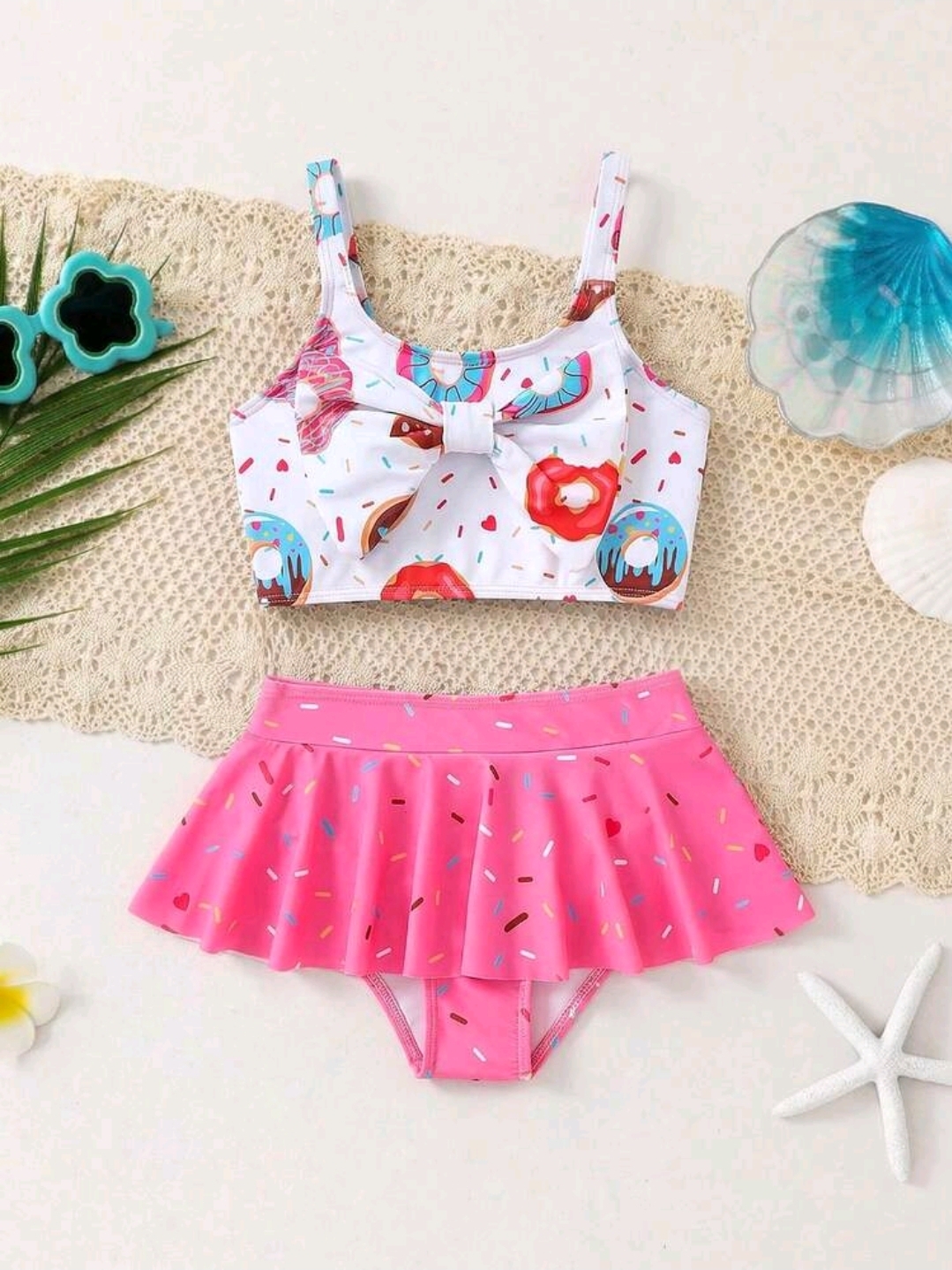 Kids 2pcs/Set Toddler Young Girl Donut Print Bow Decor Tankini Swimwear, Kids, KSW-003