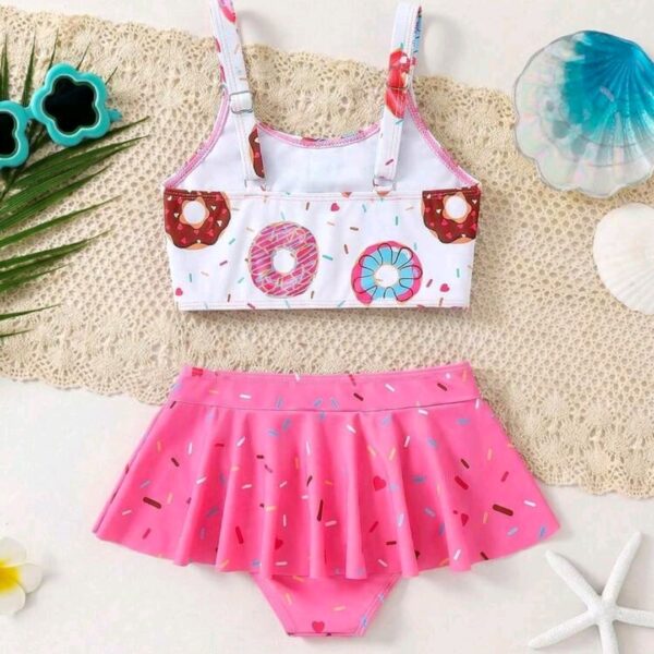 Kids 2pcs/Set Toddler Young Girl Donut Print Bow Decor Tankini Swimwear, Kids, KSW-003