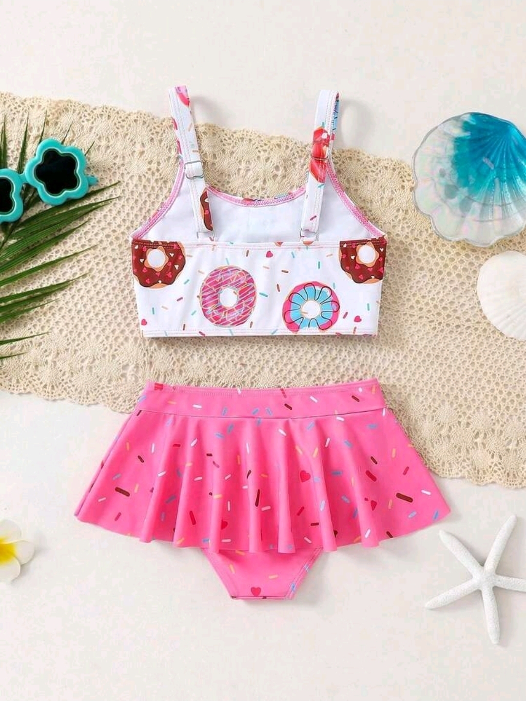 Kids 2pcs/Set Toddler Young Girl Donut Print Bow Decor Tankini Swimwear, Kids, KSW-003