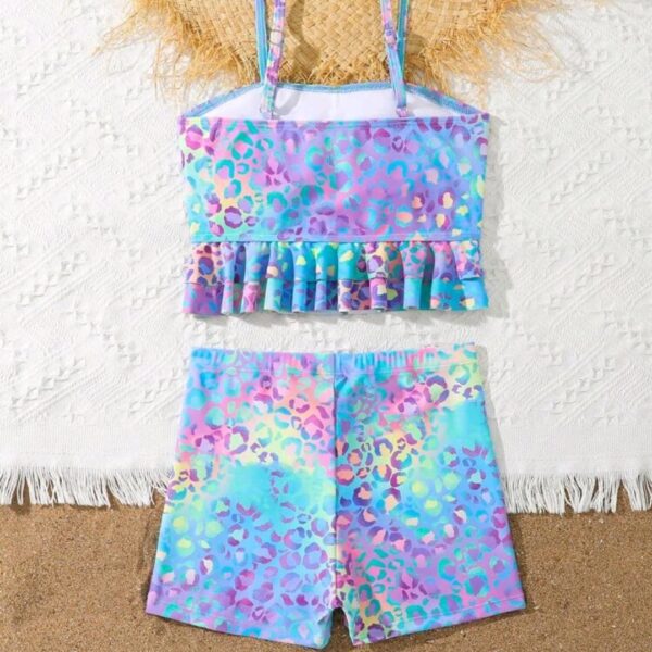 2pcs Tween Girl Blue Cute Neon Leopard Print Ruffles Camisole Bikini Set, Kids, KSW-004