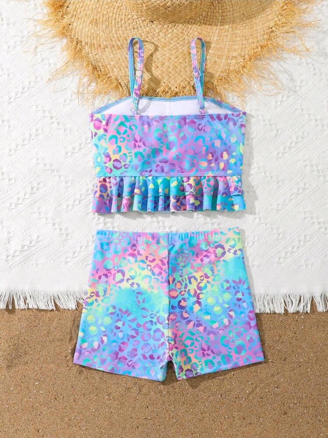 2pcs Tween Girl Blue Cute Neon Leopard Print Ruffles Camisole Bikini Set, Kids, KSW-004