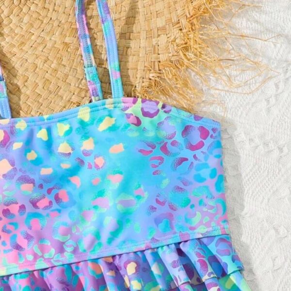 2pcs Tween Girl Blue Cute Neon Leopard Print Ruffles Camisole Bikini Set, Kids, KSW-004