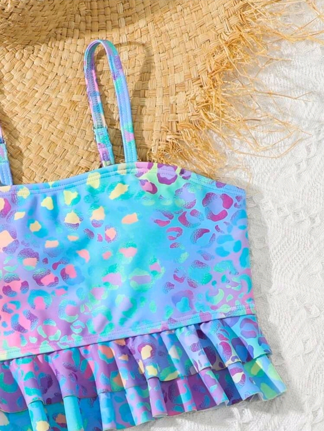 2pcs Tween Girl Blue Cute Neon Leopard Print Ruffles Camisole Bikini Set, Kids, KSW-004