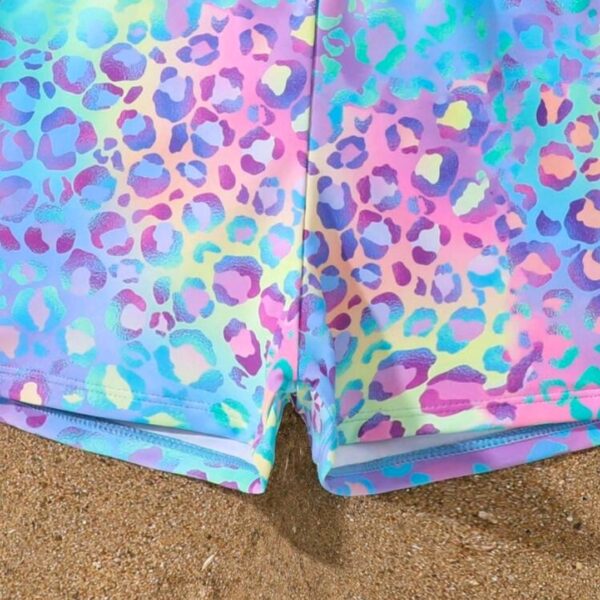 2pcs Tween Girl Blue Cute Neon Leopard Print Ruffles Camisole Bikini Set, Kids, KSW-004