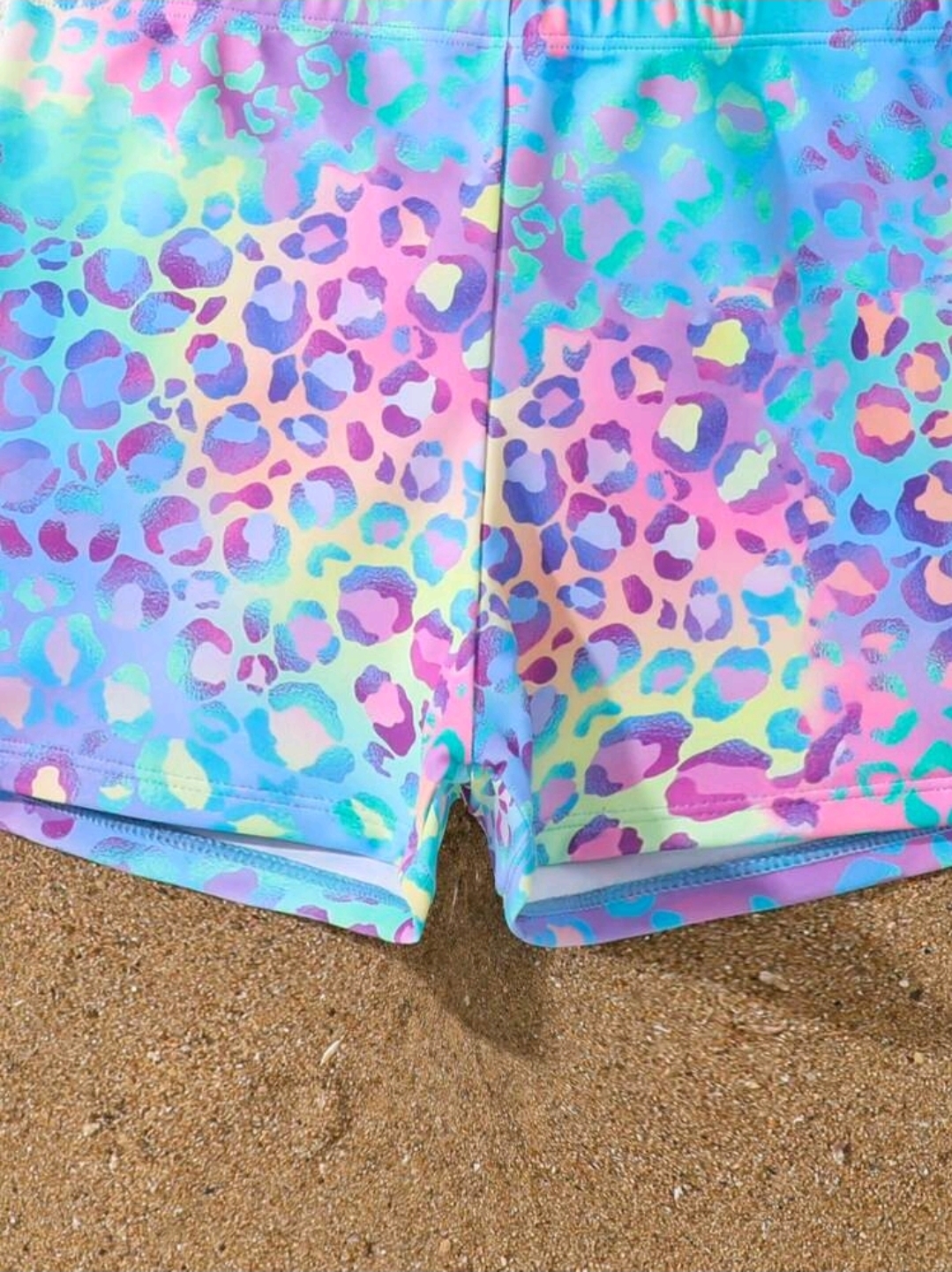 2pcs Tween Girl Blue Cute Neon Leopard Print Ruffles Camisole Bikini Set, Kids, KSW-004