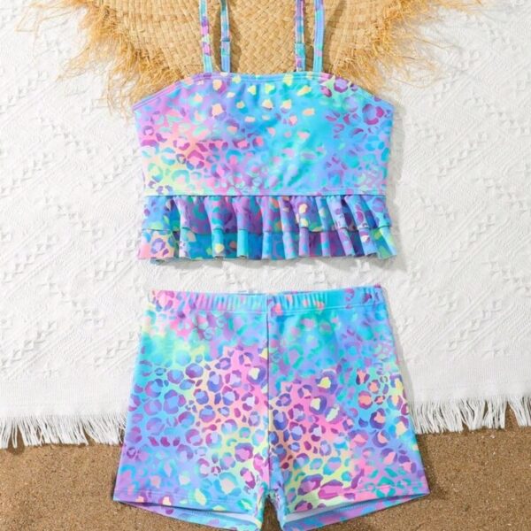 2pcs Tween Girl Blue Cute Neon Leopard Print Ruffles Camisole Bikini Set, Kids, KSW-004