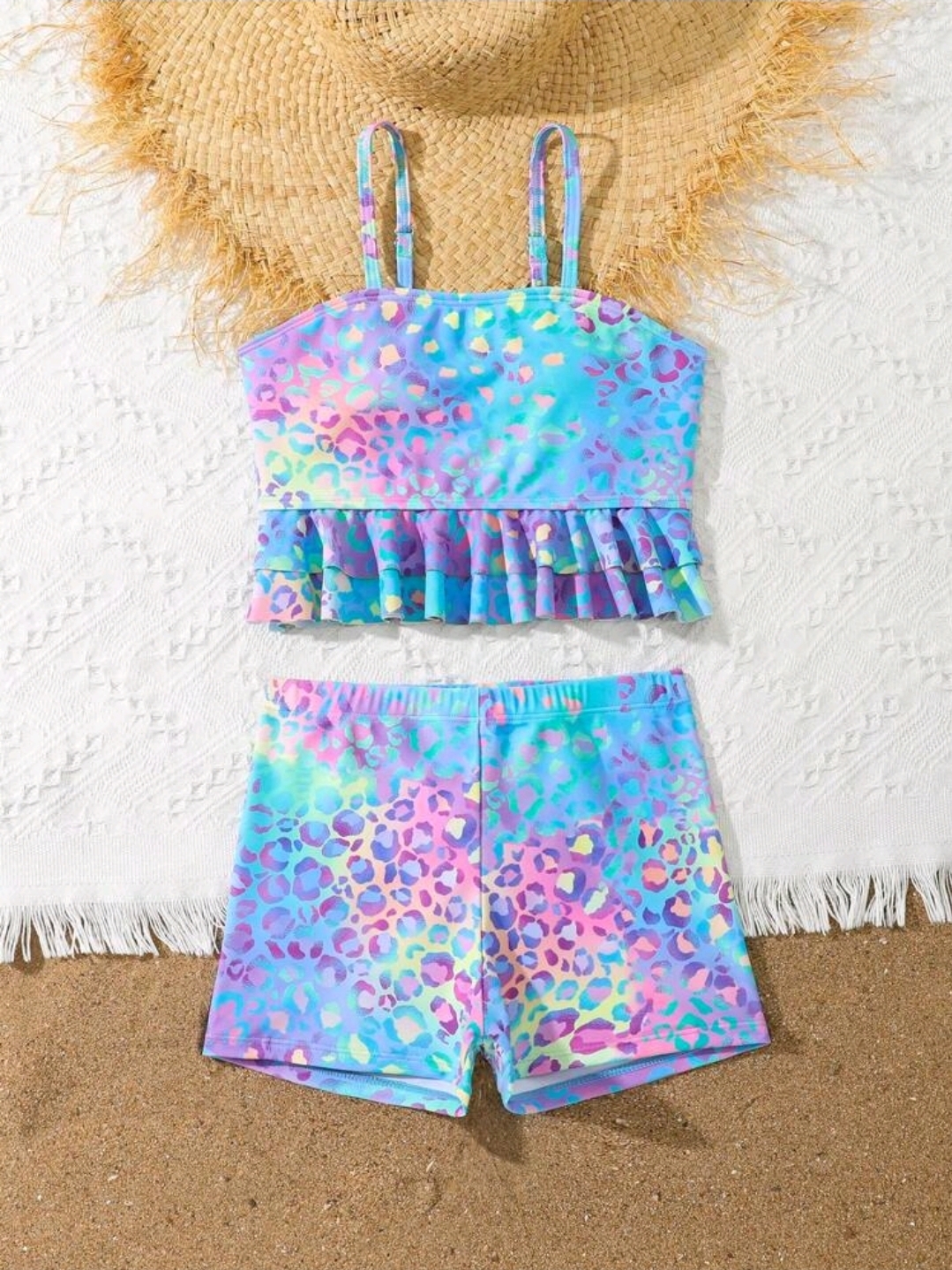 2pcs Tween Girl Blue Cute Neon Leopard Print Ruffles Camisole Bikini Set, Kids, KSW-004