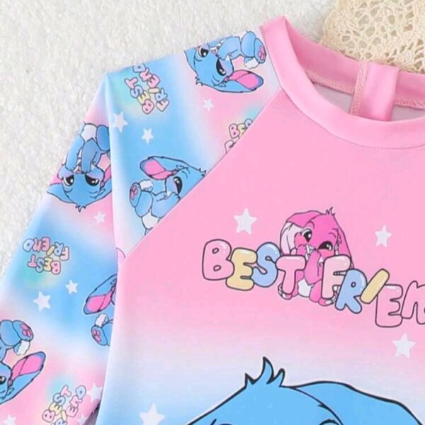 Girls Cartoon Character Stitch Long Sleeve Swimsuit, Long Pants Swimwear Set Kids, KSW-005
