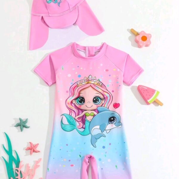 Young Girl One-Piece Swimsuit With Printed Design And Free Cap Swimwear, Kids, KSW-006