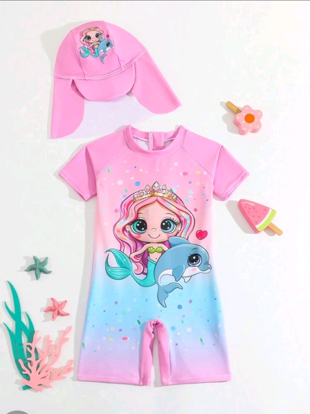 Young Girl One-Piece Swimsuit With Printed Design And Free Cap Swimwear, Kids, KSW-006