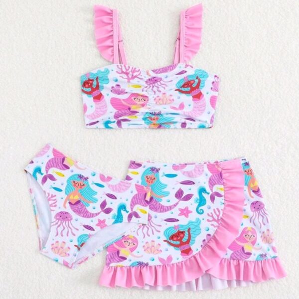 3 Pieces Young Girls Printed Bikini Set With Ruffles,Kids Swimsuits, Kids, KSW-007