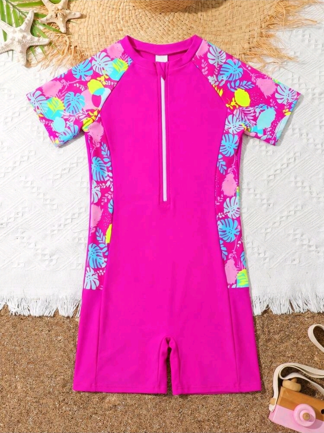 Sparklyn Tween Girls' Tropical Plant Print Shoulder Zipper Half Placket One-Piece Swimsuit With Shorts , Kids, KSW-0010