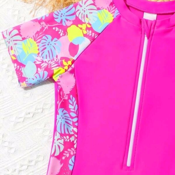 Sparklyn Tween Girls' Tropical Plant Print Shoulder Zipper Half Placket One-Piece Swimsuit With Shorts , Kids, KSW-0010