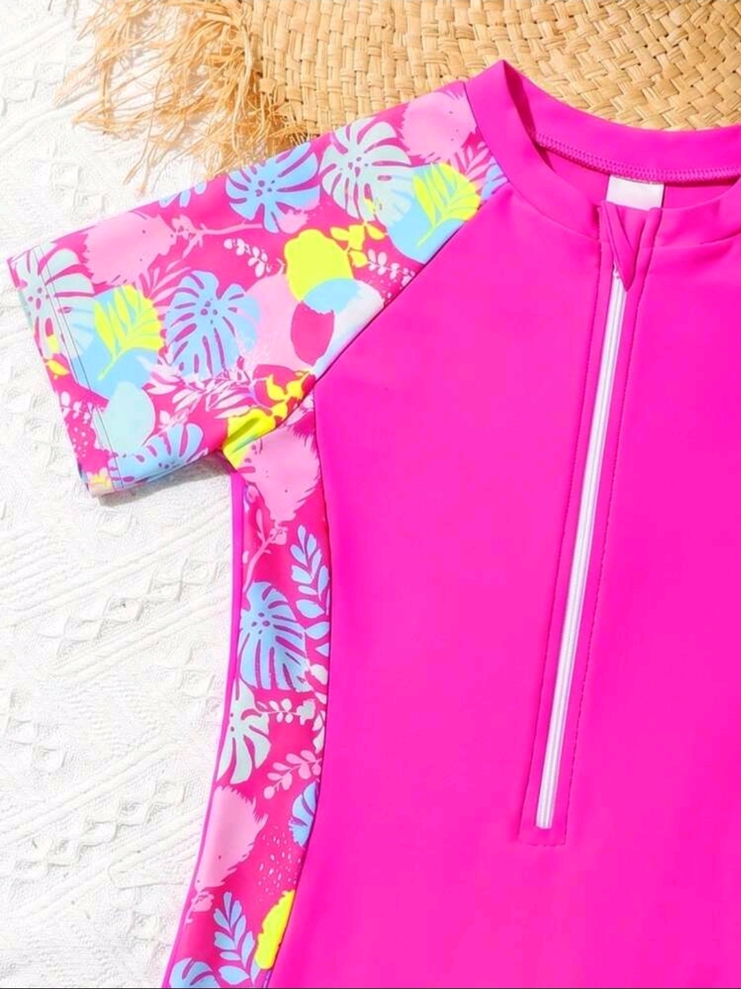 Sparklyn Tween Girls' Tropical Plant Print Shoulder Zipper Half Placket One-Piece Swimsuit With Shorts , Kids, KSW-0010