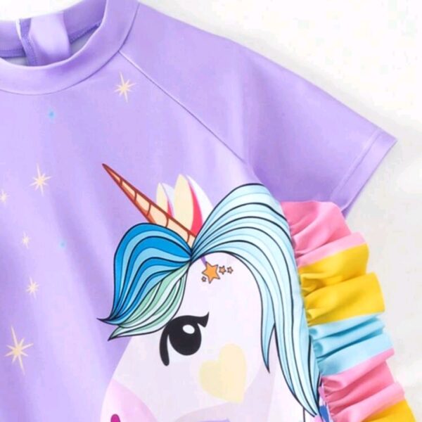 Young Girl Cute Cartoon Unicorn Printed Off-Shoulder Short Sleeve Swimsuit, Kids, KSW-0011