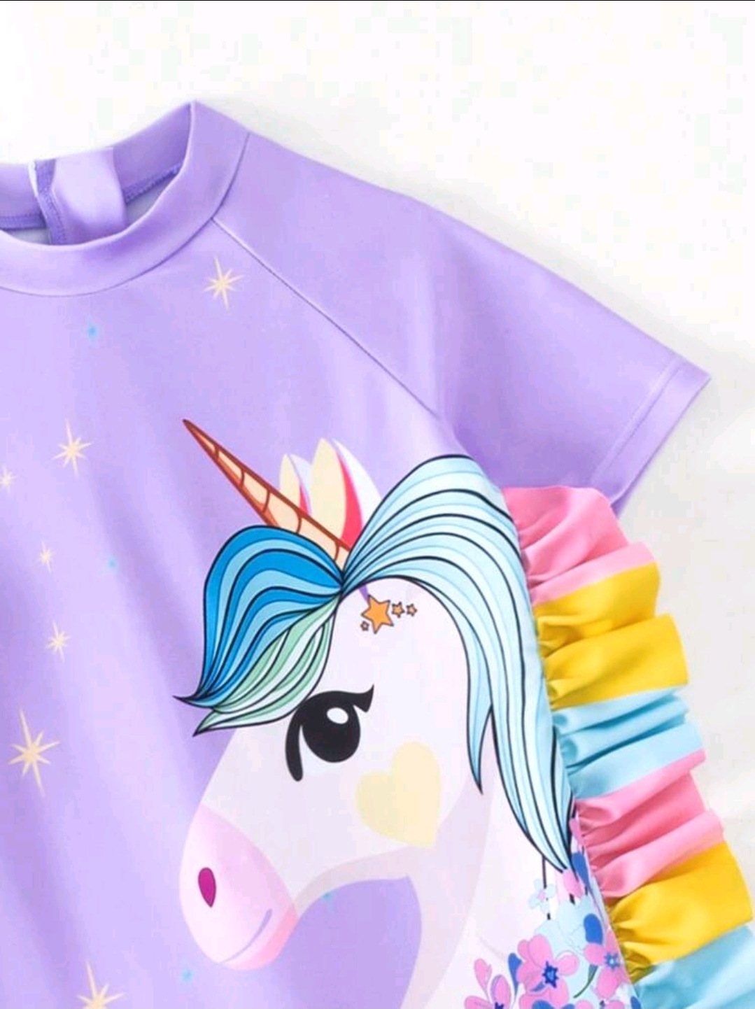Young Girl Cute Cartoon Unicorn Printed Off-Shoulder Short Sleeve Swimsuit, Kids, KSW-0011