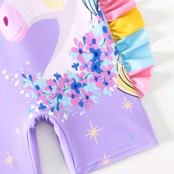 Young Girl Cute Cartoon Unicorn Printed Off-Shoulder Short Sleeve Swimsuit, Kids, KSW-0011