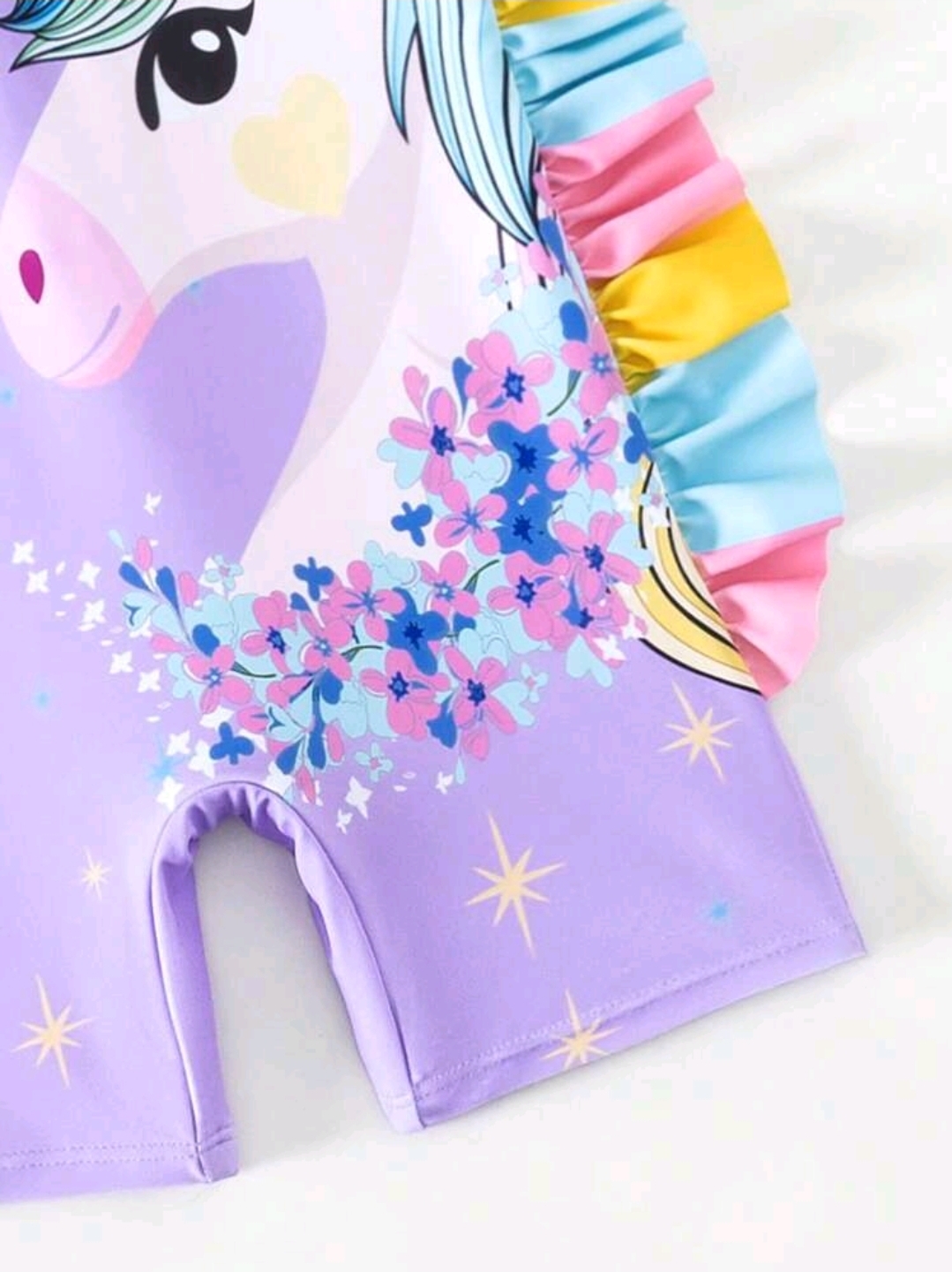 Young Girl Cute Cartoon Unicorn Printed Off-Shoulder Short Sleeve Swimsuit, Kids, KSW-0011