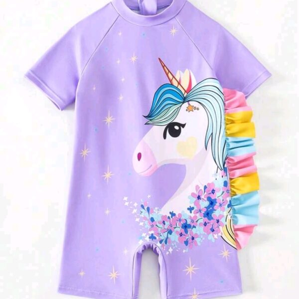 Young Girl Cute Cartoon Unicorn Printed Off-Shoulder Short Sleeve Swimsuit, Kids, KSW-0011