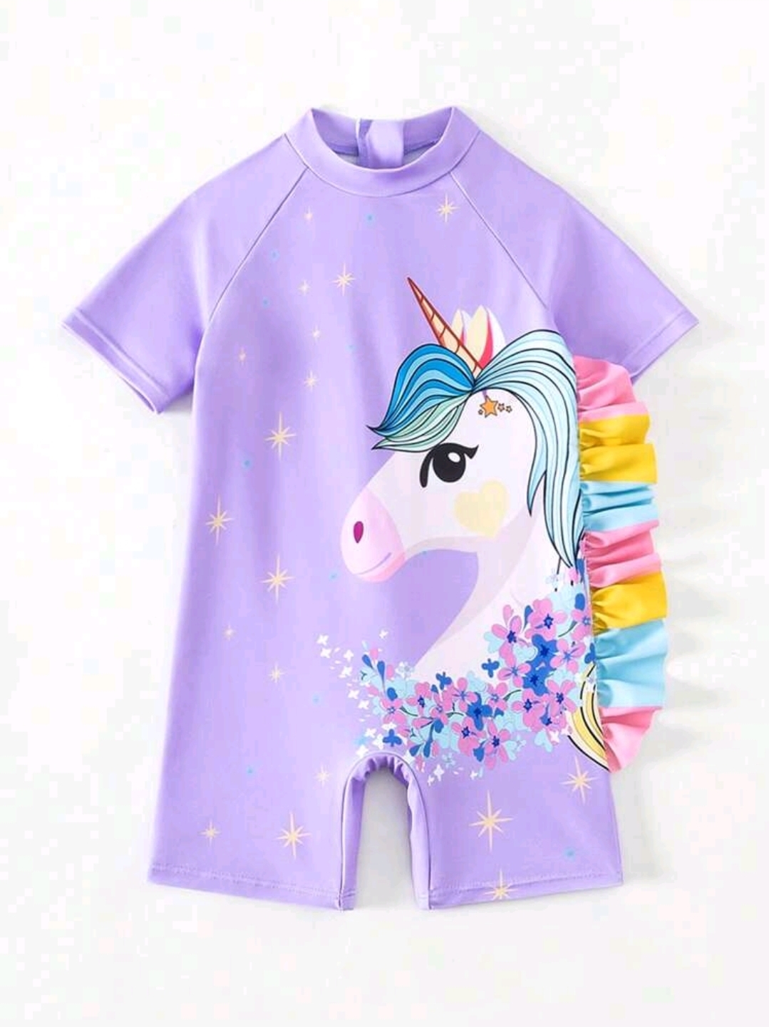 Young Girl Cute Cartoon Unicorn Printed Off-Shoulder Short Sleeve Swimsuit, Kids, KSW-0011