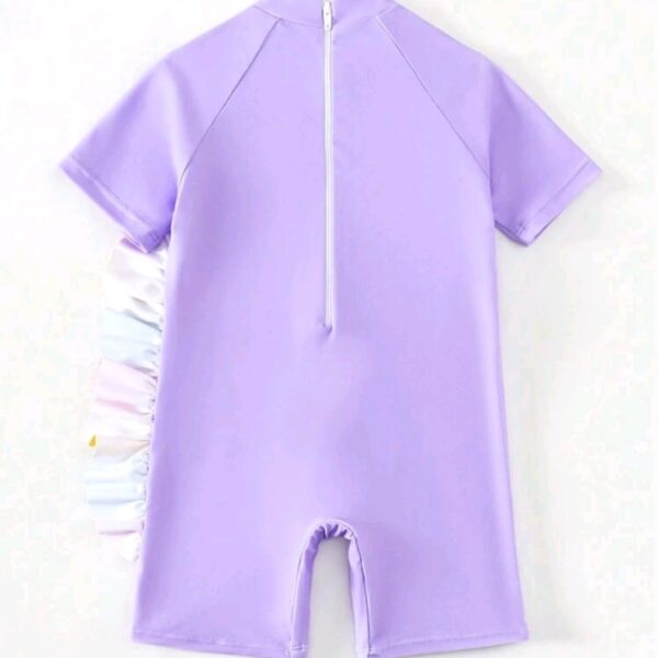 Young Girl Cute Cartoon Unicorn Printed Off-Shoulder Short Sleeve Swimsuit, Kids, KSW-0011