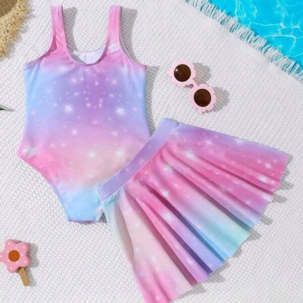 Young Girl Unicorn Print 3-Piece Swimsuit Set: One-Piece Swimsuit + Cover Up Skirt, Kids, KSW-0013