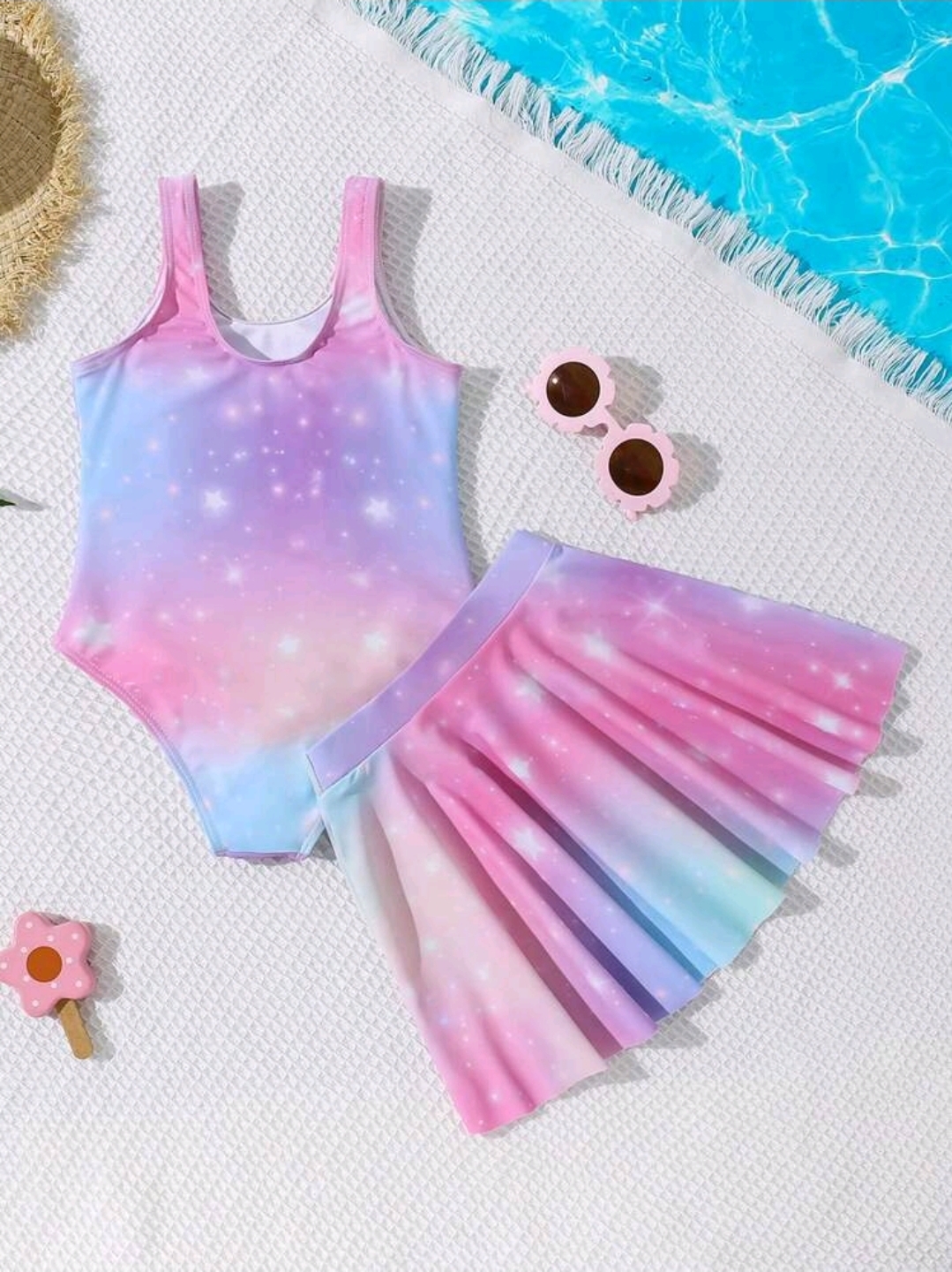 Young Girl Unicorn Print 3-Piece Swimsuit Set: One-Piece Swimsuit + Cover Up Skirt, Kids, KSW-0013
