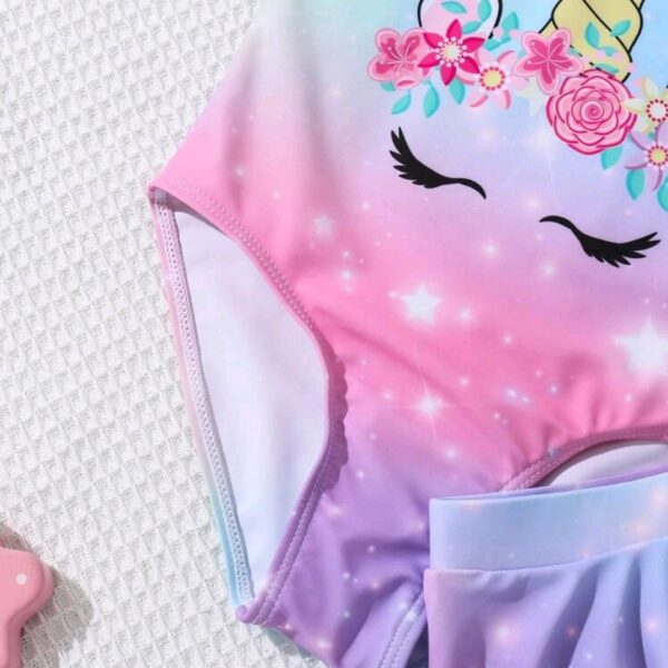 Young Girl Unicorn Print 3-Piece Swimsuit Set: One-Piece Swimsuit + Cover Up Skirt, Kids, KSW-0013