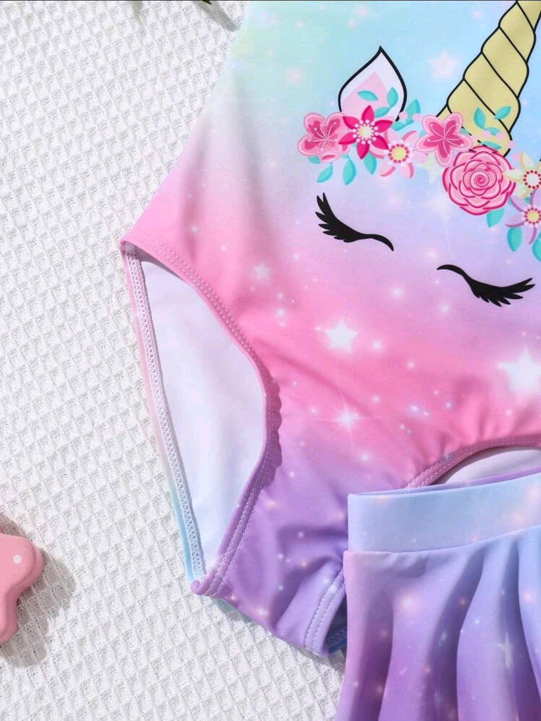 Young Girl Unicorn Print 3-Piece Swimsuit Set: One-Piece Swimsuit + Cover Up Skirt, Kids, KSW-0013