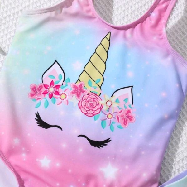Young Girl Unicorn Print 3-Piece Swimsuit Set: One-Piece Swimsuit + Cover Up Skirt, Kids, KSW-0013