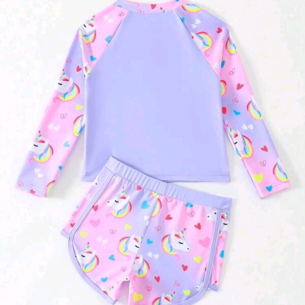 Young Girls Long Sleeve Rash Guard Swimsuits,2 Pieces Unicorn Floral Print , Kids, KSW-0015